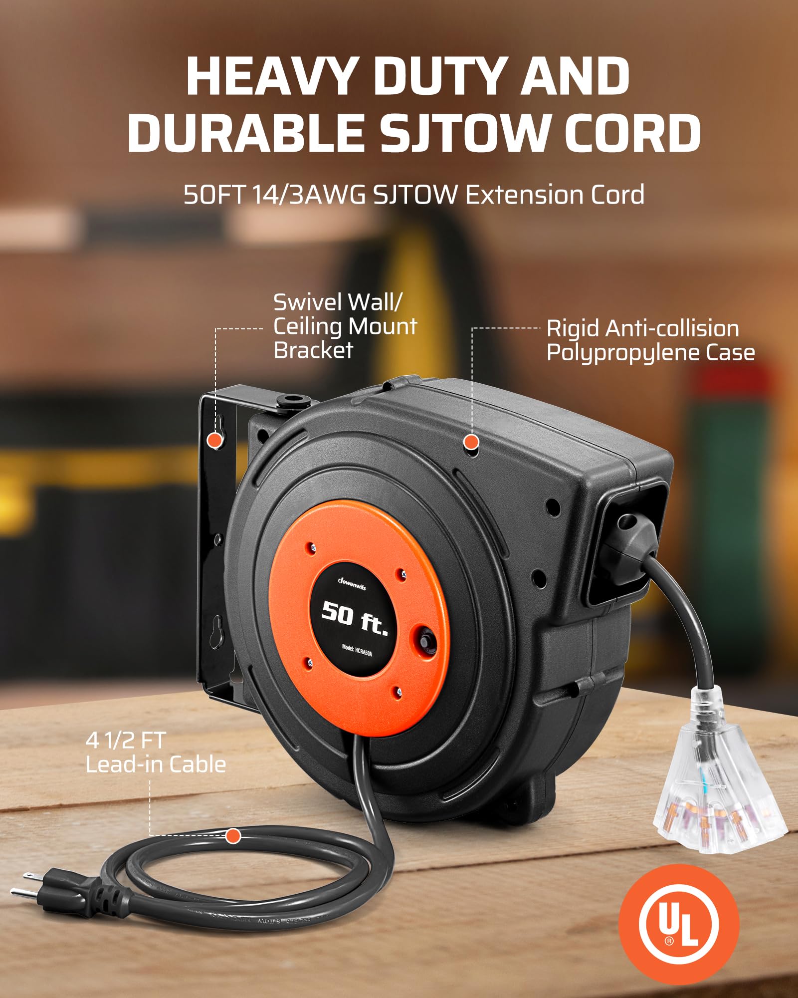 Foto 4 pulgar | Carrete De Cable De Extensión Dewenwils, 50 Pies, 14 Awg/3c Sjtow, 3 Salidas - Venta Internacional.