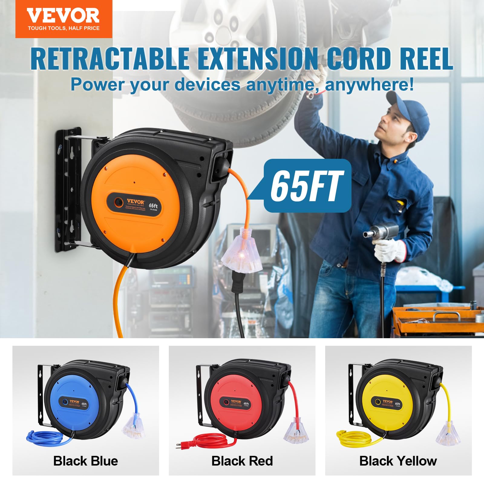 Foto 2 | Carrete De Cable De Extensión Retráctil Vevor De 65 Pies Con Triple Salida - Venta Internacional.