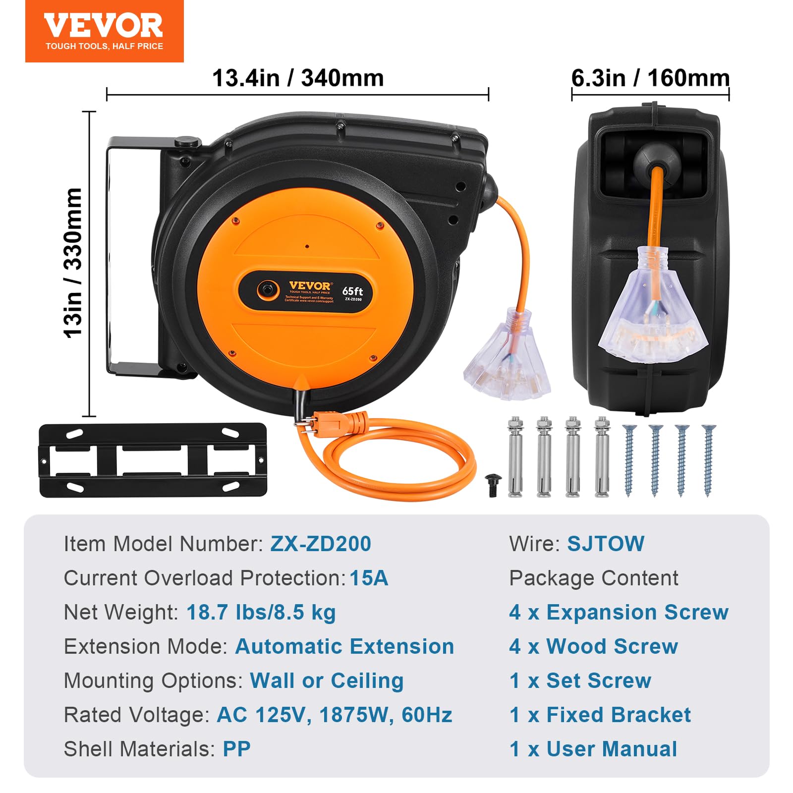 Foto 7 | Carrete De Cable De Extensión Retráctil Vevor De 65 Pies Con Triple Salida - Venta Internacional.