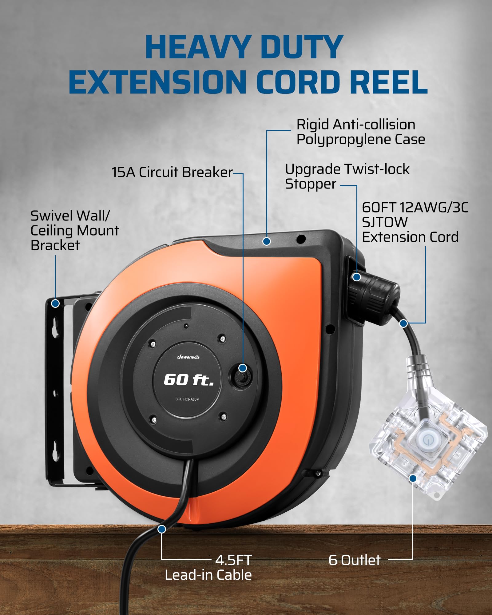 Foto 5 | Carrete De Cable De Extensión Retráctil Dewenwils, 60 Pies, 15 A, 1875 W - Venta Internacional.