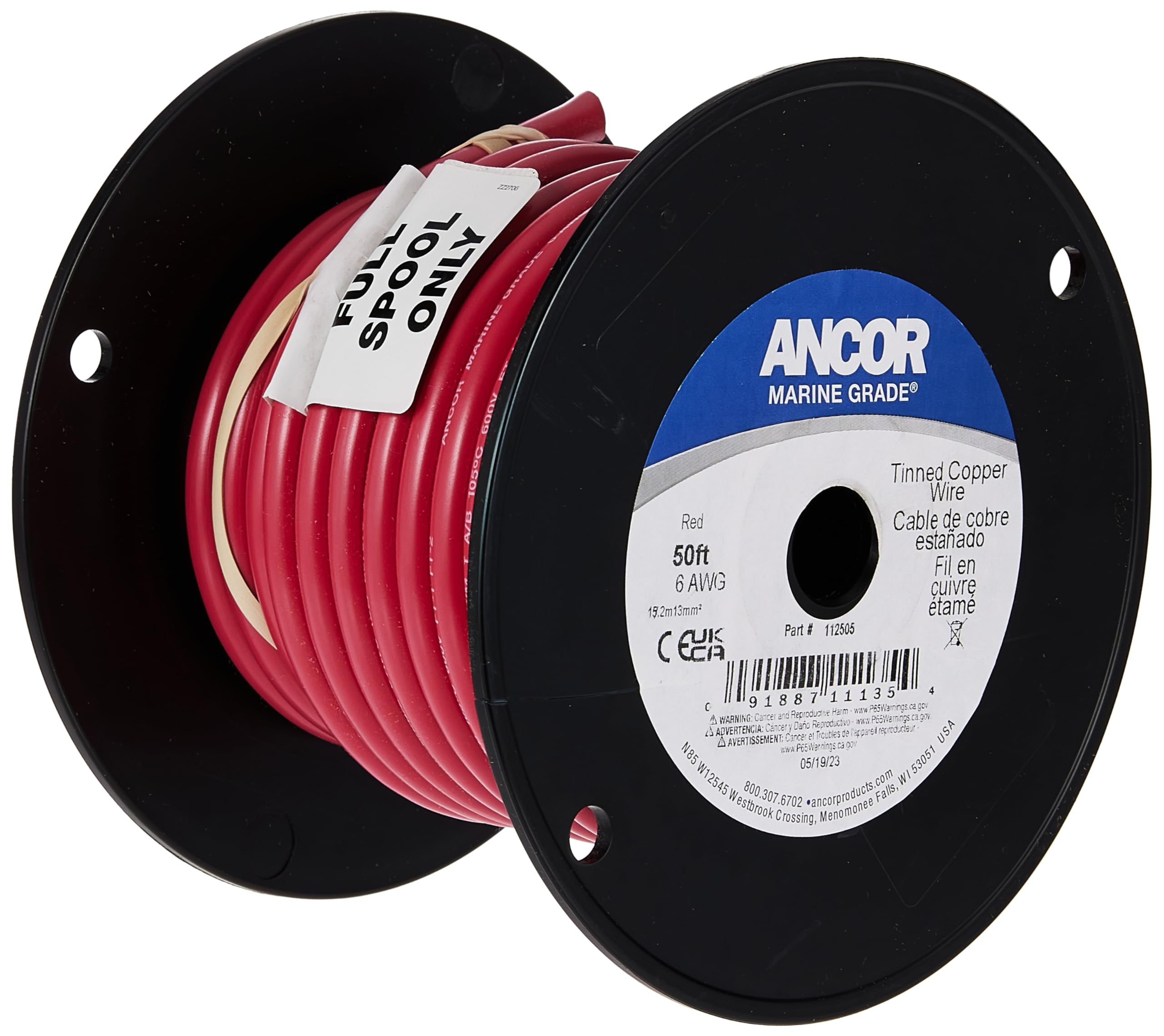 Cable Ancor 112505 De Cobre Estañado, 6 Awg (13 Mm2), Rojo, 50 Pies - Venta Internacional.