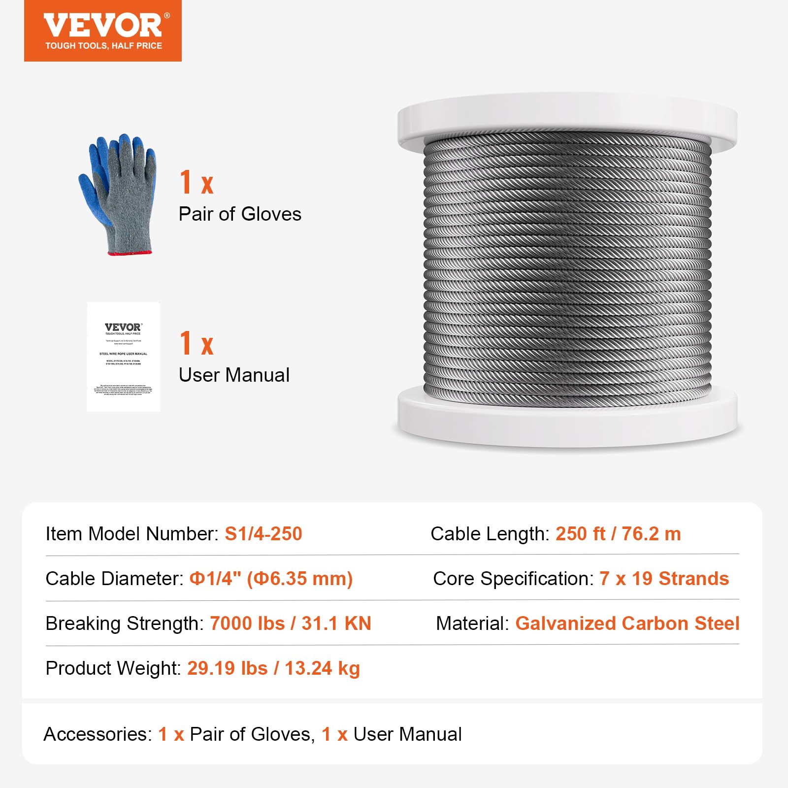 Foto 8 pulgar | Cable De Acero Vevor 1/4, 250 Pies, Galvanizado, 7000 Libras, Breaking Str - Venta Internacional.