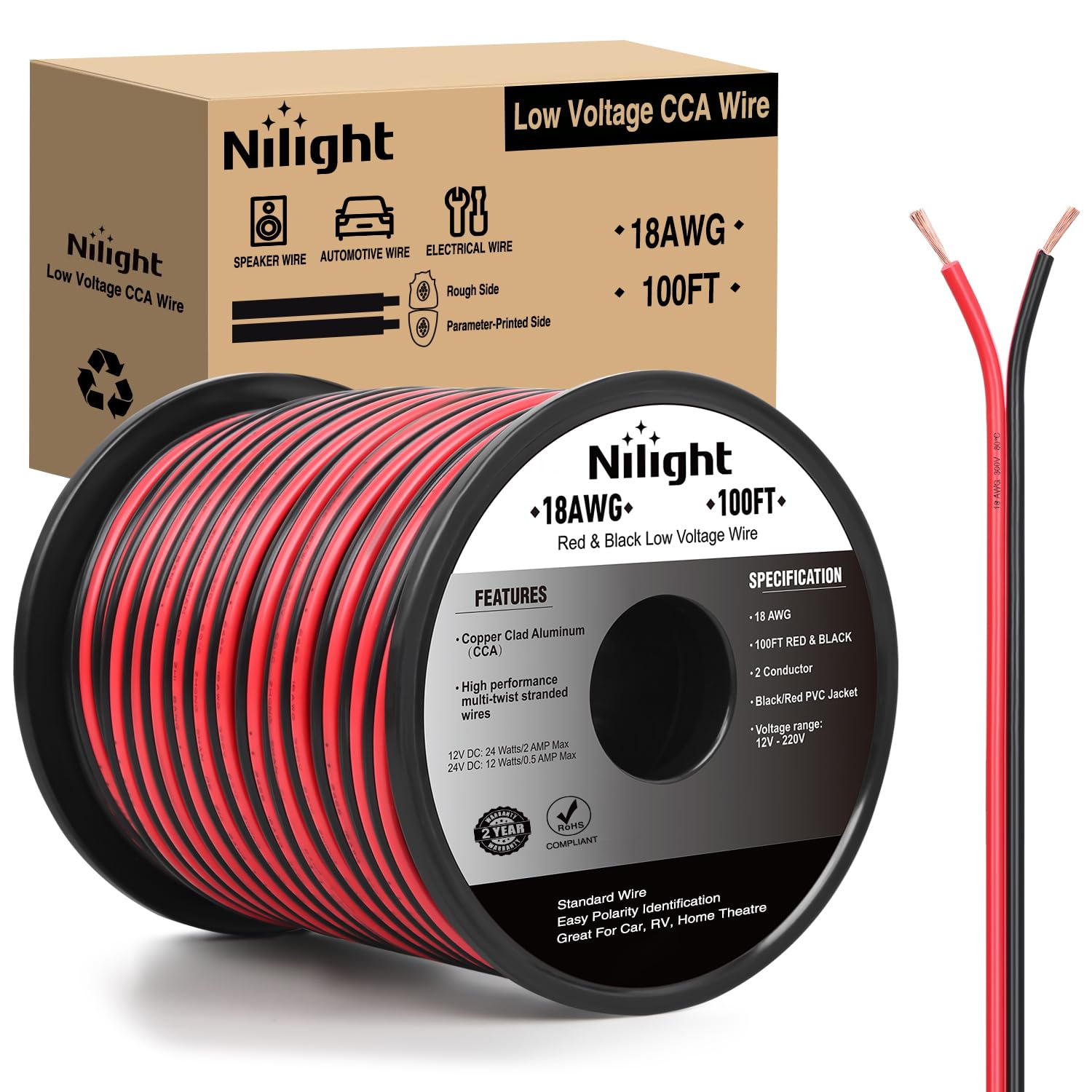 Cable Eléctrico Nilight 18awg 30,48 M Rojo Negro Cca 12v/24v - Venta Internacional.