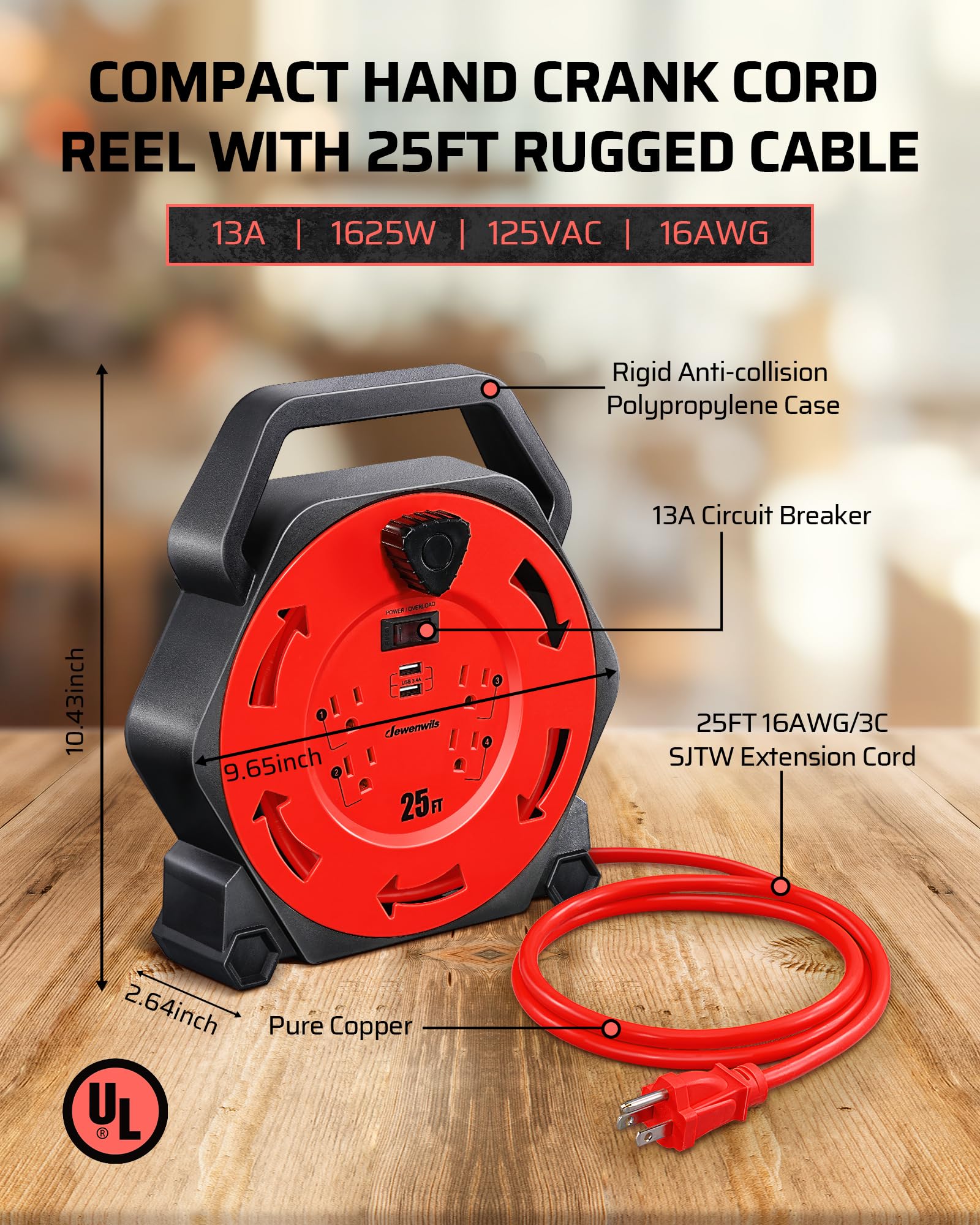 Foto 4 pulgar | Bobina De Cable Dewenwils Con 4 Tomas De Corriente  2 Puertos Usb De 3 4 A - Venta Internacional.