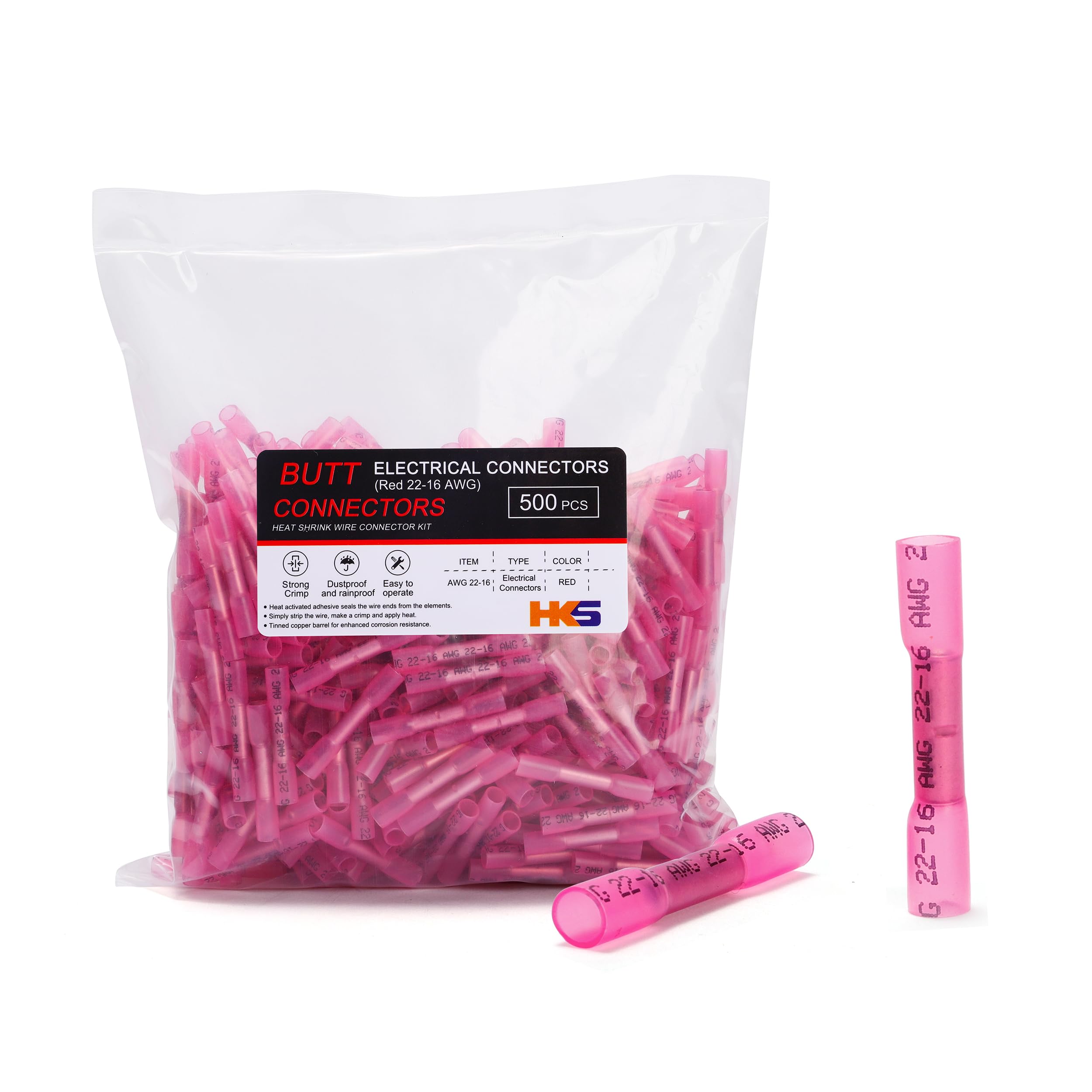 Conector A Tope Termorretráctil Hks  500 Unidades  Rojo  22-16 Awg  Impermeable - Venta Internacional.