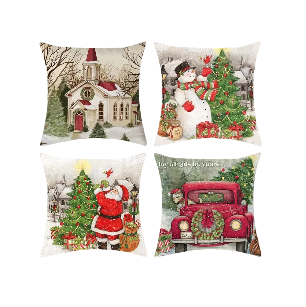 Fundas De Almohada Estampadas Navideñas 4 Piezas, Combinacion De Colores