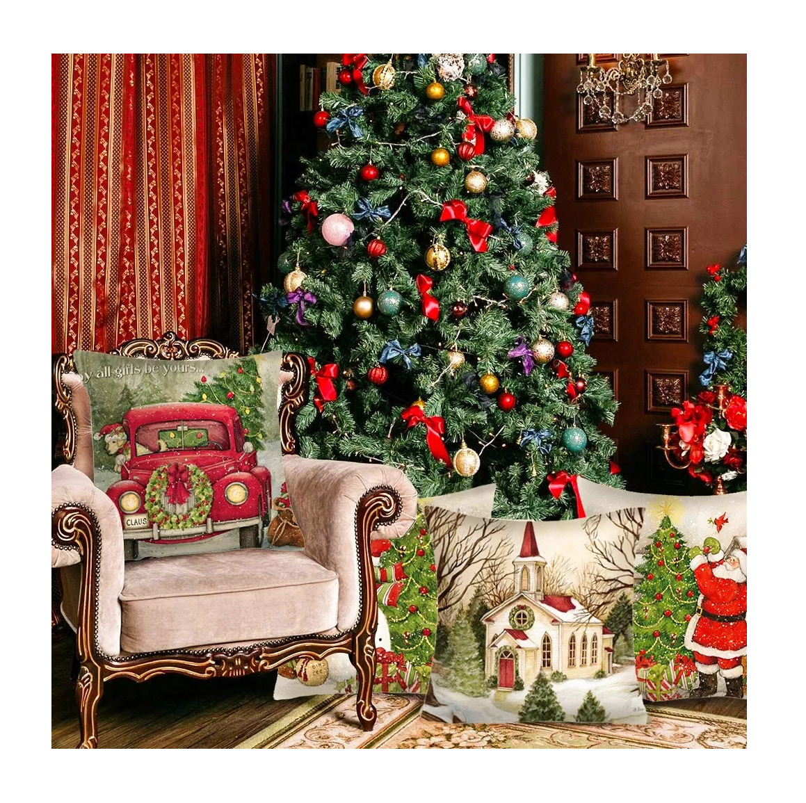 Foto 4 pulgar | Fundas De Almohada Estampadas Navideñas 4 Piezas, Combinacion De Colores