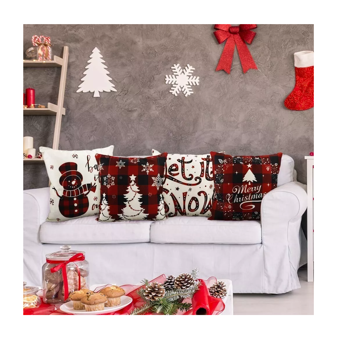 Foto 4 pulgar | Fundas De Almohada De Lino Para El Día De Navidad 45 Cm Blanco, Negro, Rojo