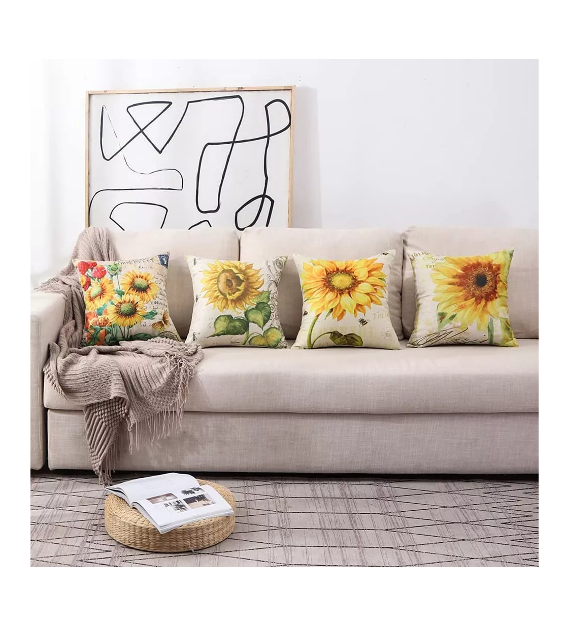 Foto 5 pulgar | Fundas De Cojínes De Algodón Y Lino Doble Lado Girasoles 4 Pz