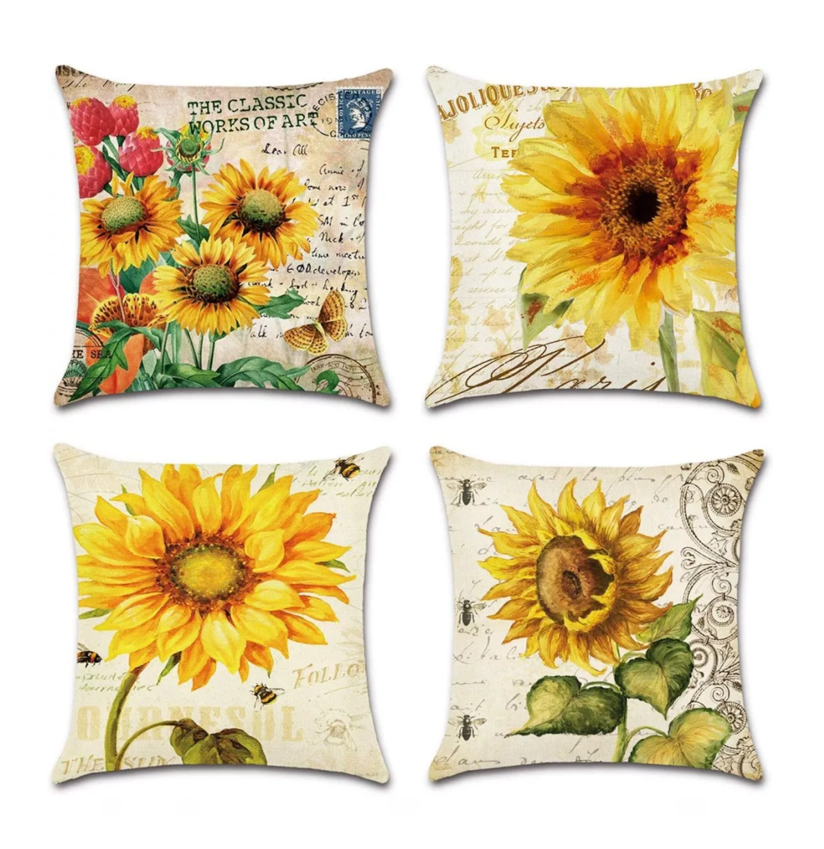 Fundas De Cojínes De Algodón Y Lino Doble Lado Girasoles 4 Pz