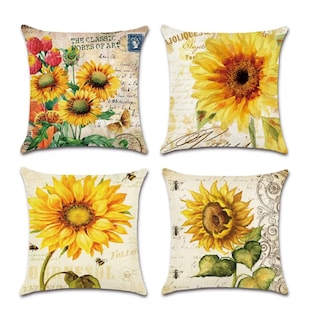 Foto 1 | Fundas De Cojínes De Algodón Y Lino Doble Lado Girasoles 4 Pz