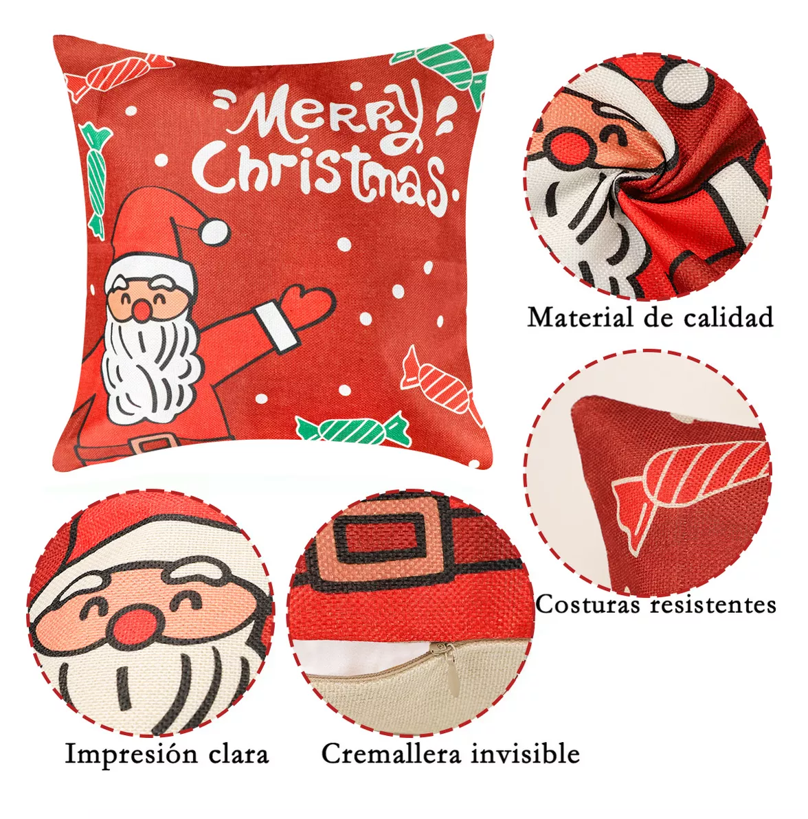 Foto 3 pulgar | Juego De 4 Fundas De Almohada De Navidad De 45 X 45 Cm Rojo