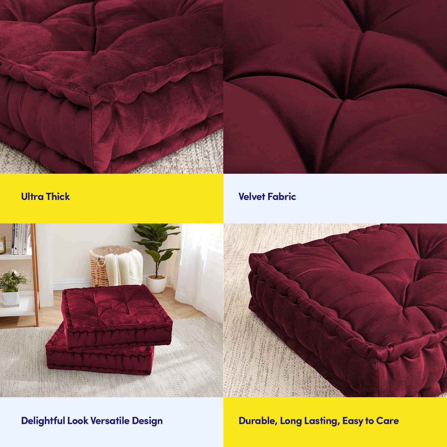 Foto 6 | Almohada De Suelo Sweet Home Collection, Cuadrada, Grande, Color Rojo Burdeos - Venta Internacional.
