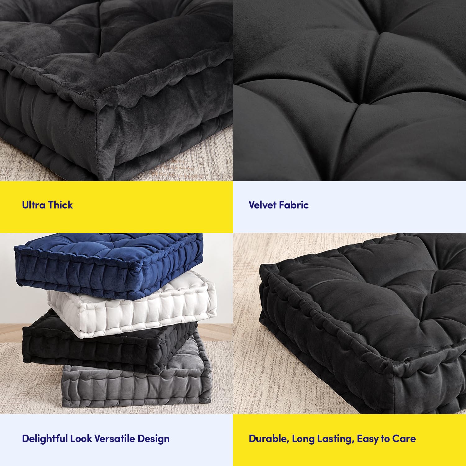 Foto 7 pulgar | Almohada De Suelo Sweet Home Collection, Cuadrada, Grande, Paquete De 2 Unidades, Color Negro - Venta Internacional.