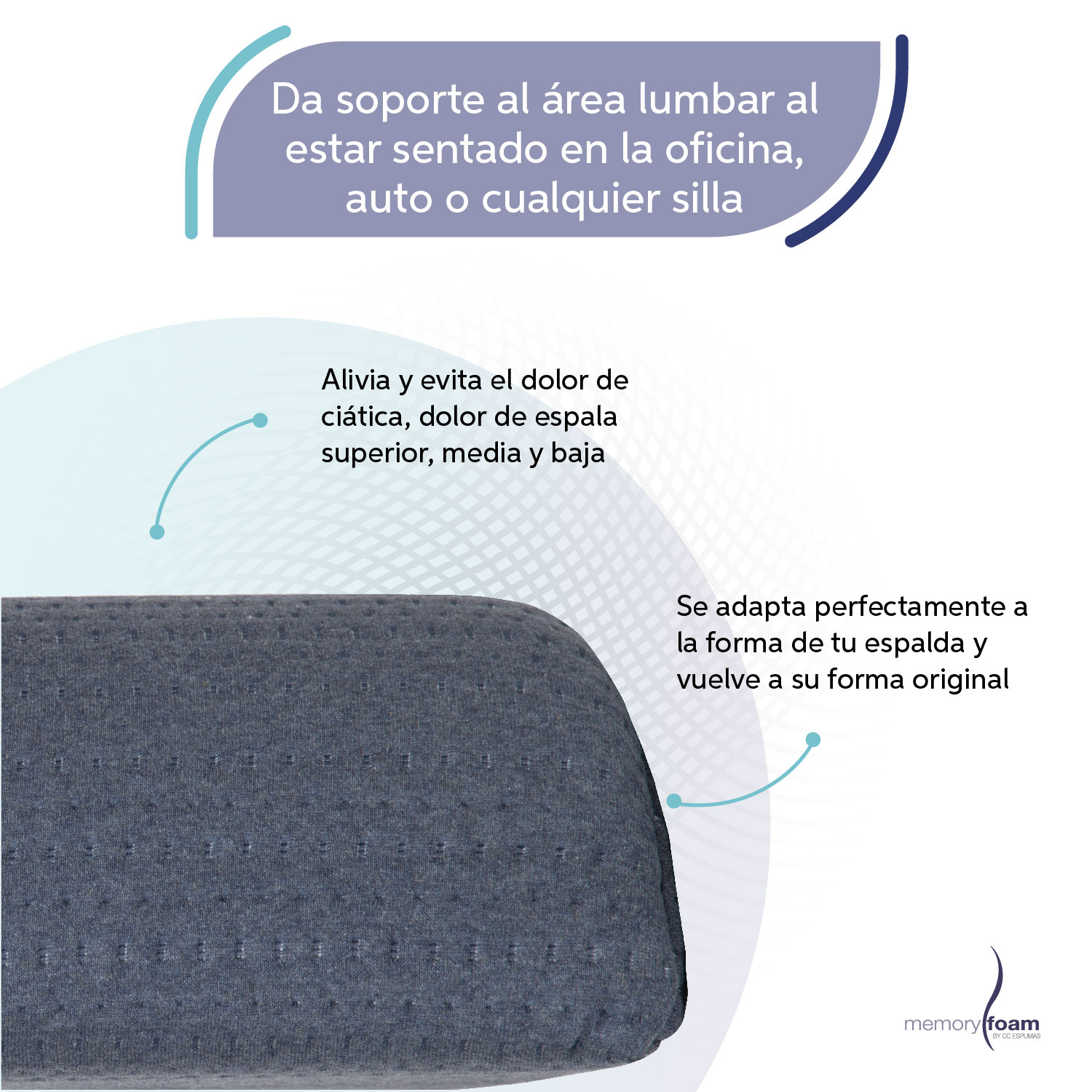 Foto 5 pulgar | Cojín Soporte Lumbar Memory Foam Azul Hecha 100% De Memory Foam