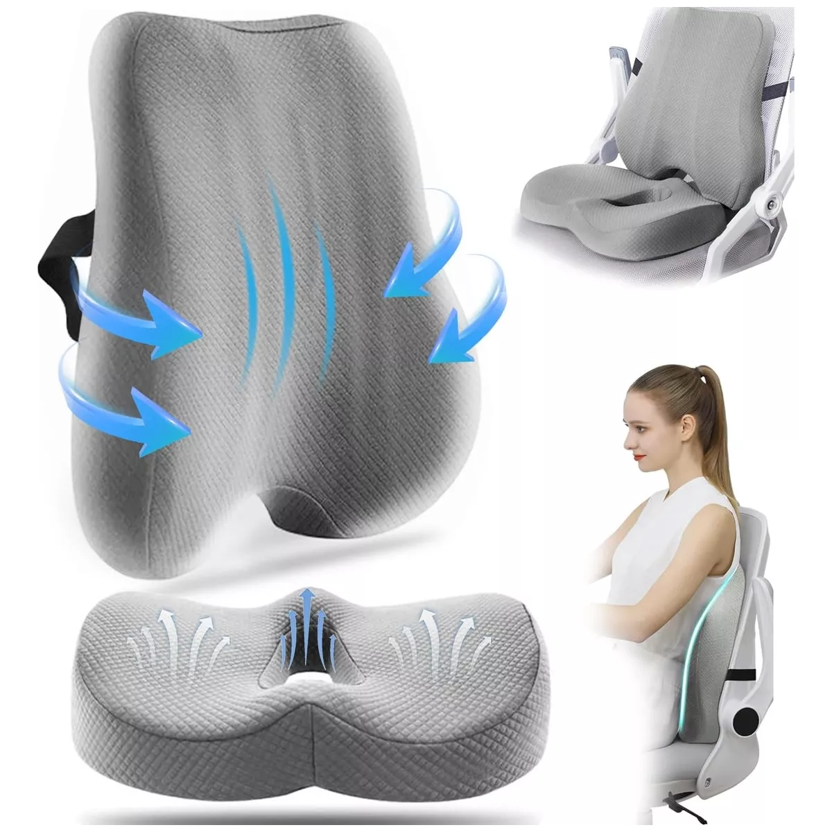 Foto 4 pulgar | Cojín Del Asiento Y Almohada De Soporte Lumbar Eo Safe Imports Esi-17530 Gris