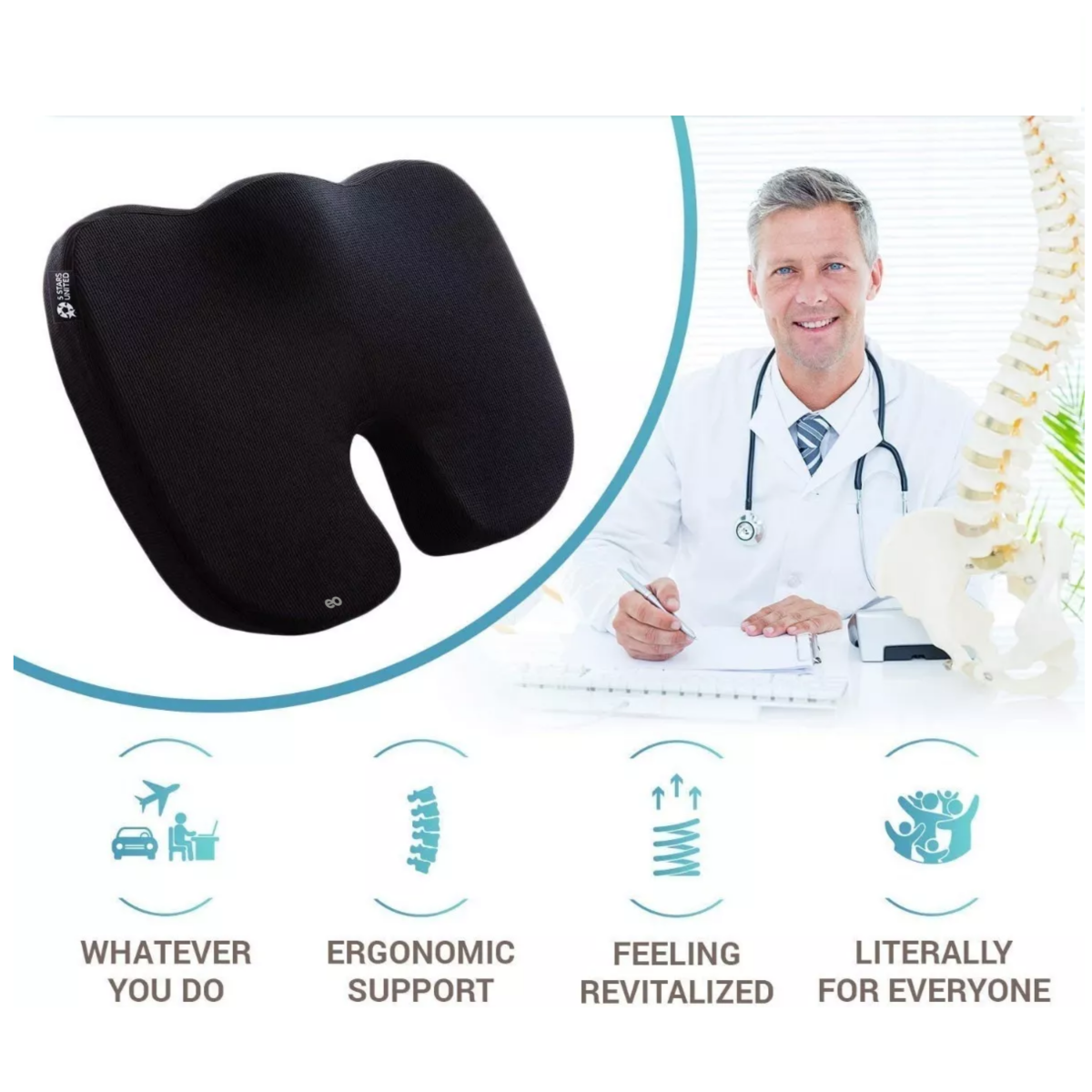 Foto 4 pulgar | Cojín De Espuma Viscoelástica Para Coxis Para Auto Y Silla Eo Safe Imports Esi-7646-1 Negro