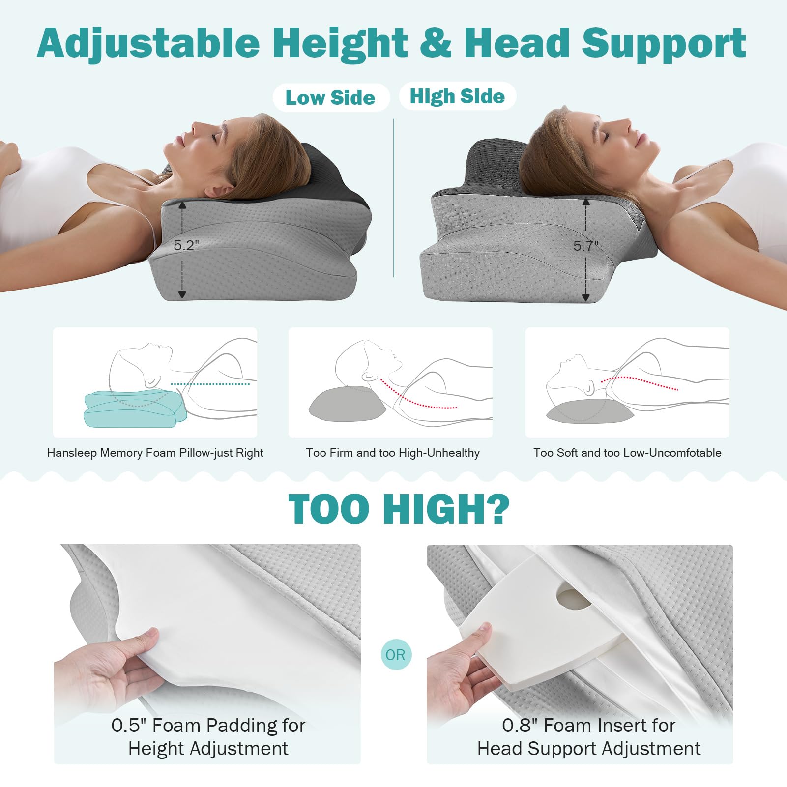 Foto 3 pulgar | Almohada Cervical Ajustable Hansleep H 4.7/5.5 Para Dolor De Cuello - Venta Internacional.