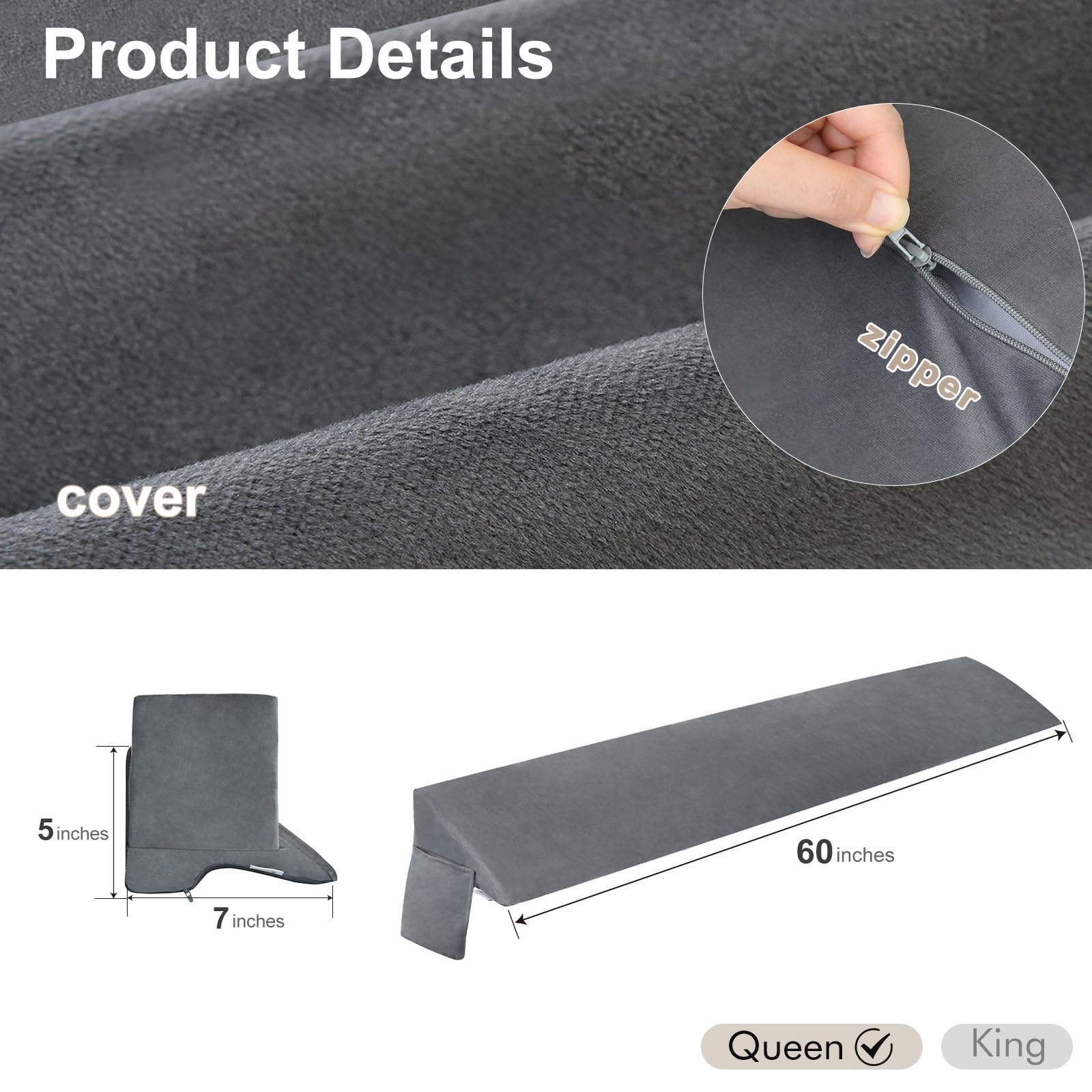 Foto 5 | Almohada Con Forma De Cuña Vekkia Queen Para Cabecero, Relleno De Huecos, Gris - Venta Internacional.