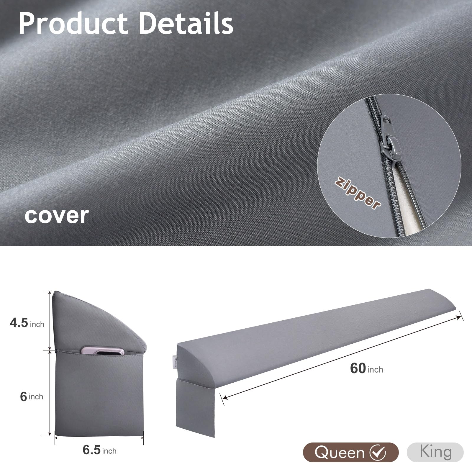 Foto 6 pulgar | Almohada Con Forma De Cuña Vekkia Queen Para Cabecero  Relleno De Huecos  Gris - Venta Internacional.