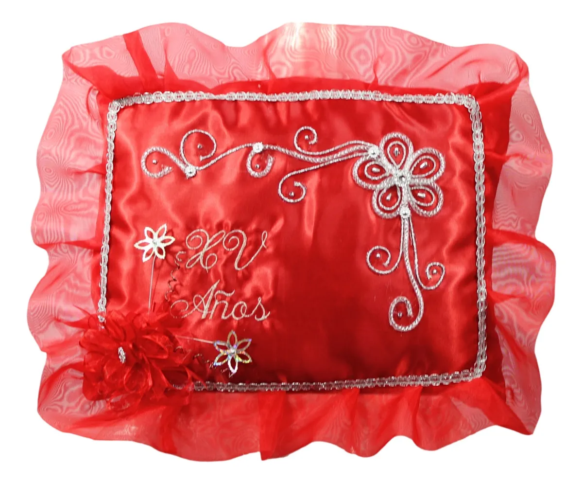 Cojin Recuerdo 15 Años Rojo Bordado + Incluye Caja Xv