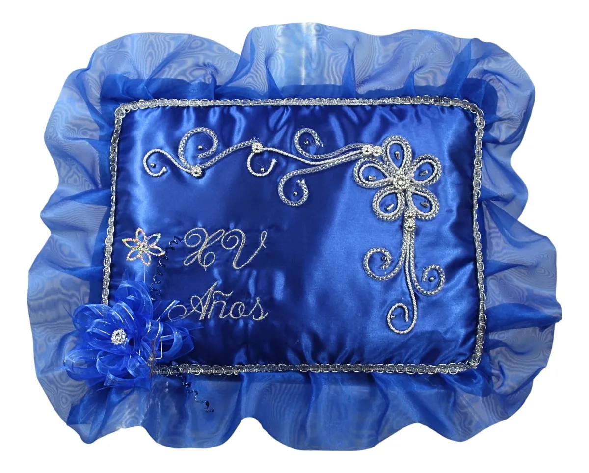 Cojin Recuerdo De 15 Años Azul Rey Bordado + Incluye Caja