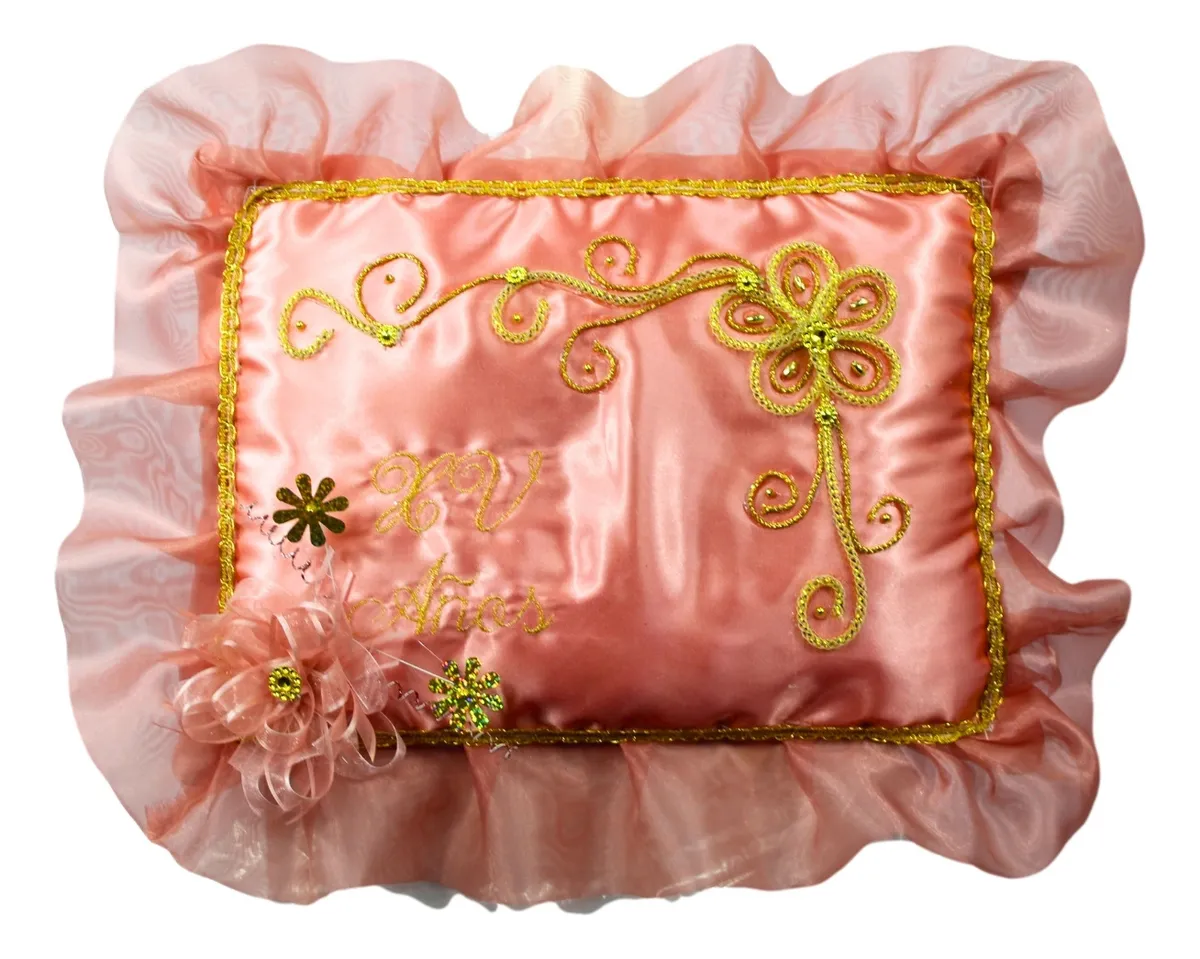 Cojin Recuerdo 15 Años Palo De Rosa Bordado + Incluye Caja Dorado
