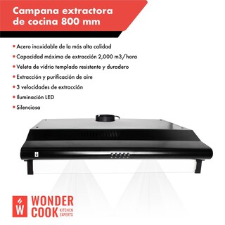 Foto 2 | Campana Extractora WONDER COOK Negra de Cocina Purificadora Acero Inoxidable Luz LED