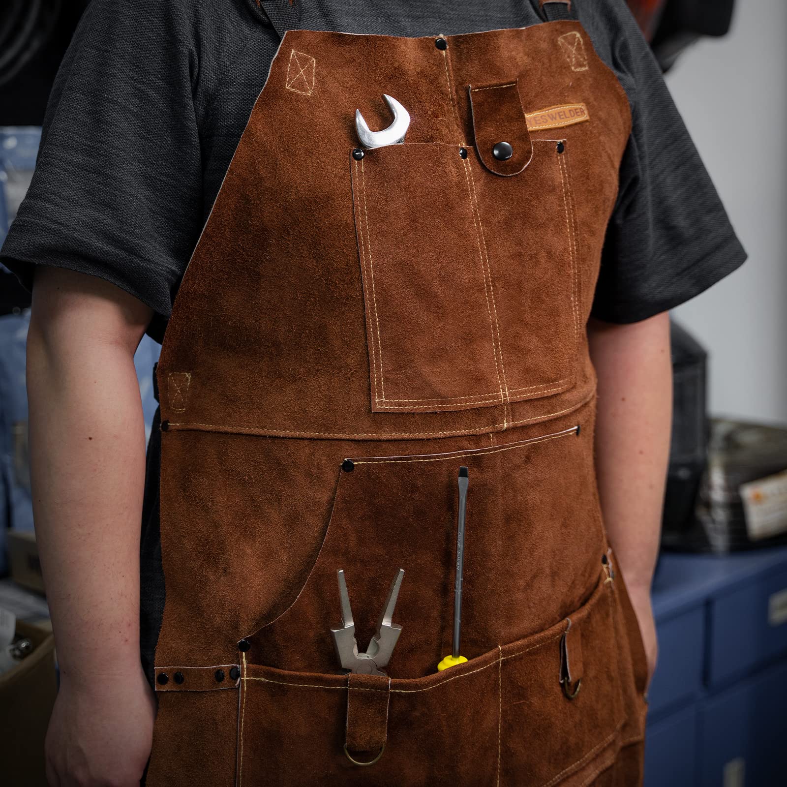 Foto 7 pulgar | Delantal Yeswelder Para Taller De Soldadura, Piel, 6 Bolsillos, 41 Cm - Venta Internacional.