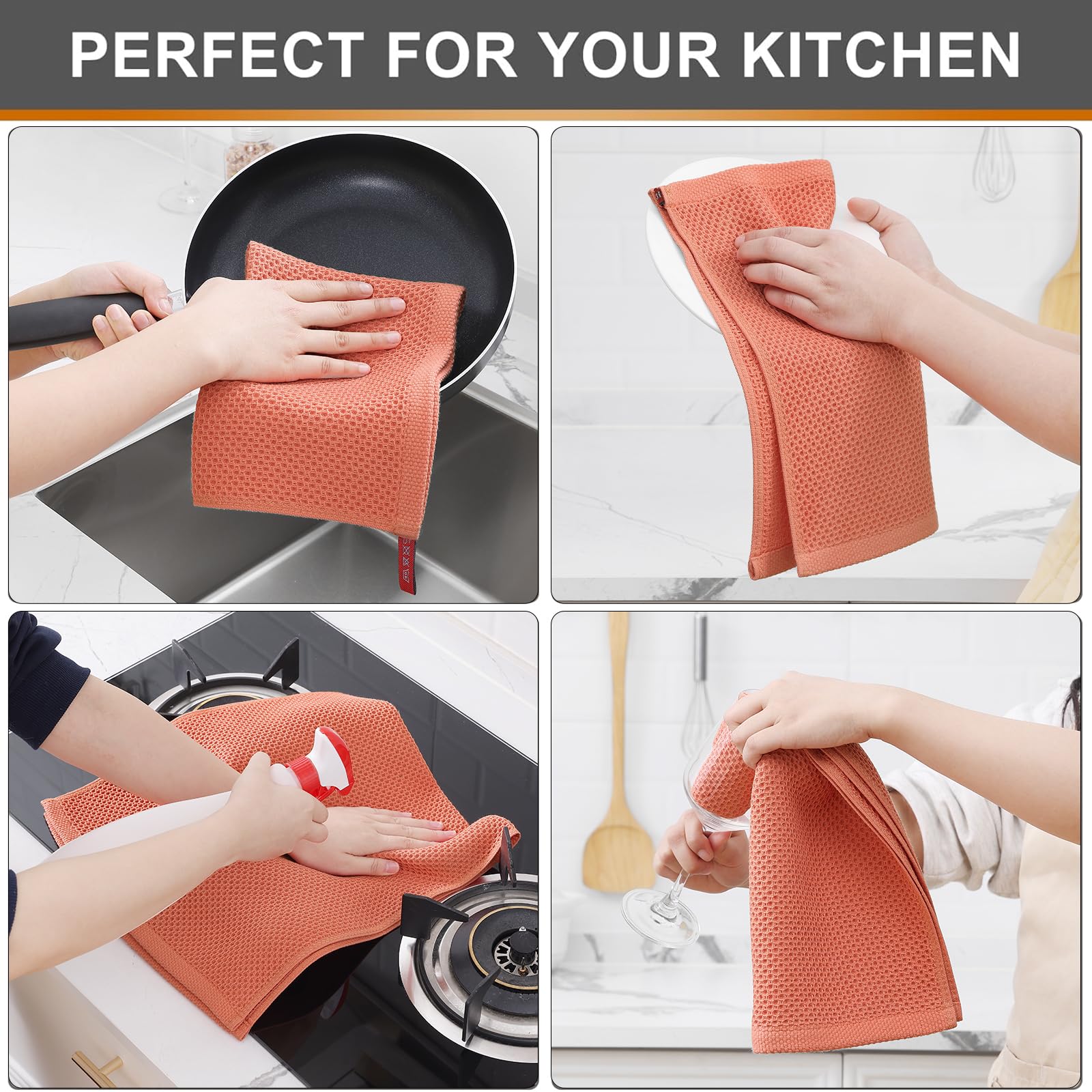 Foto 4 | Toallas De Cocina Kitinjoy, 100% Algodón, Tejido Gofrado, Paquete De 6 Unidades, Color Coral - Venta Internacional.