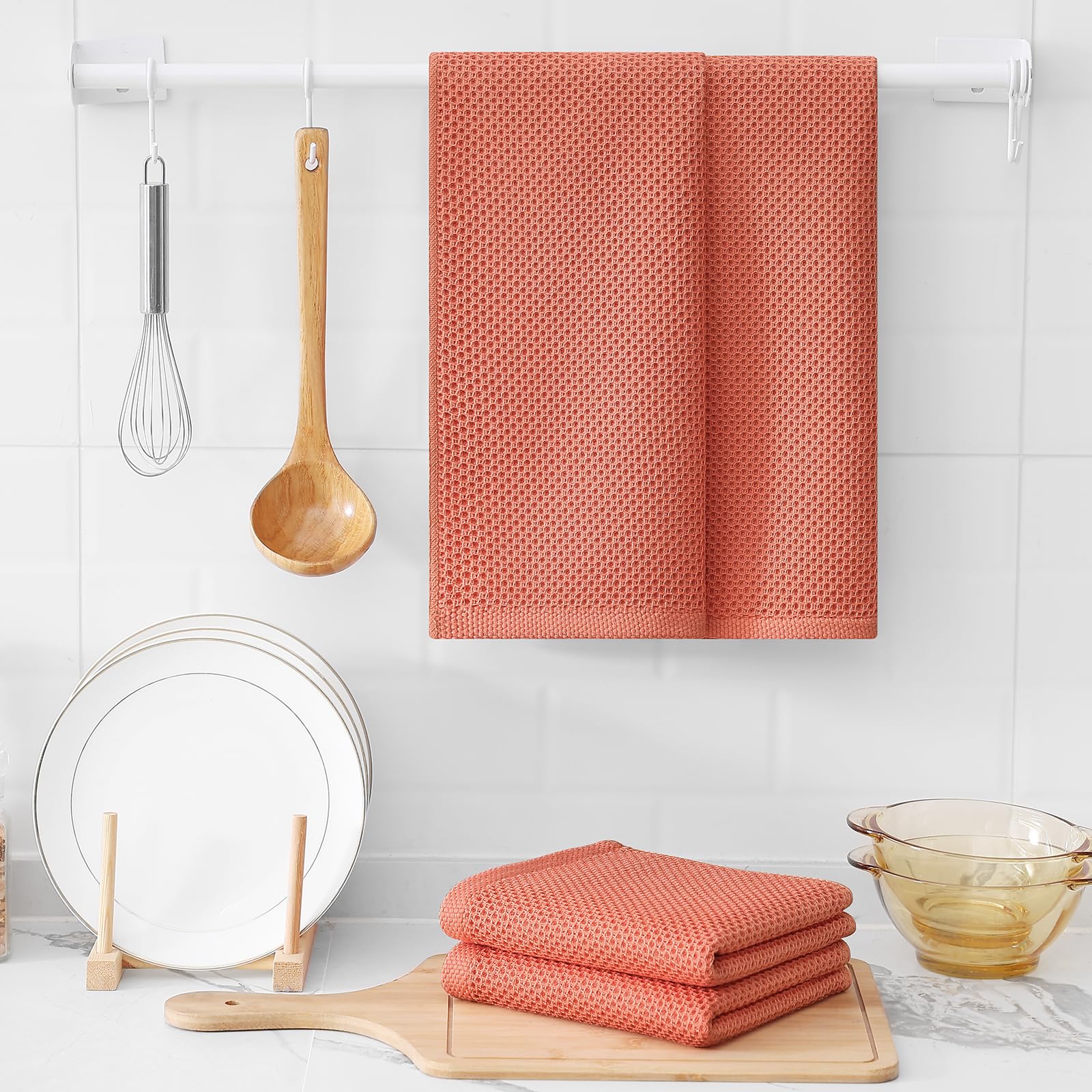 Foto 7 pulgar | Toallas De Cocina Kitinjoy, 100% Algodón, Tejido Gofrado, Paquete De 6 Unidades, Color Coral - Venta Internacional.