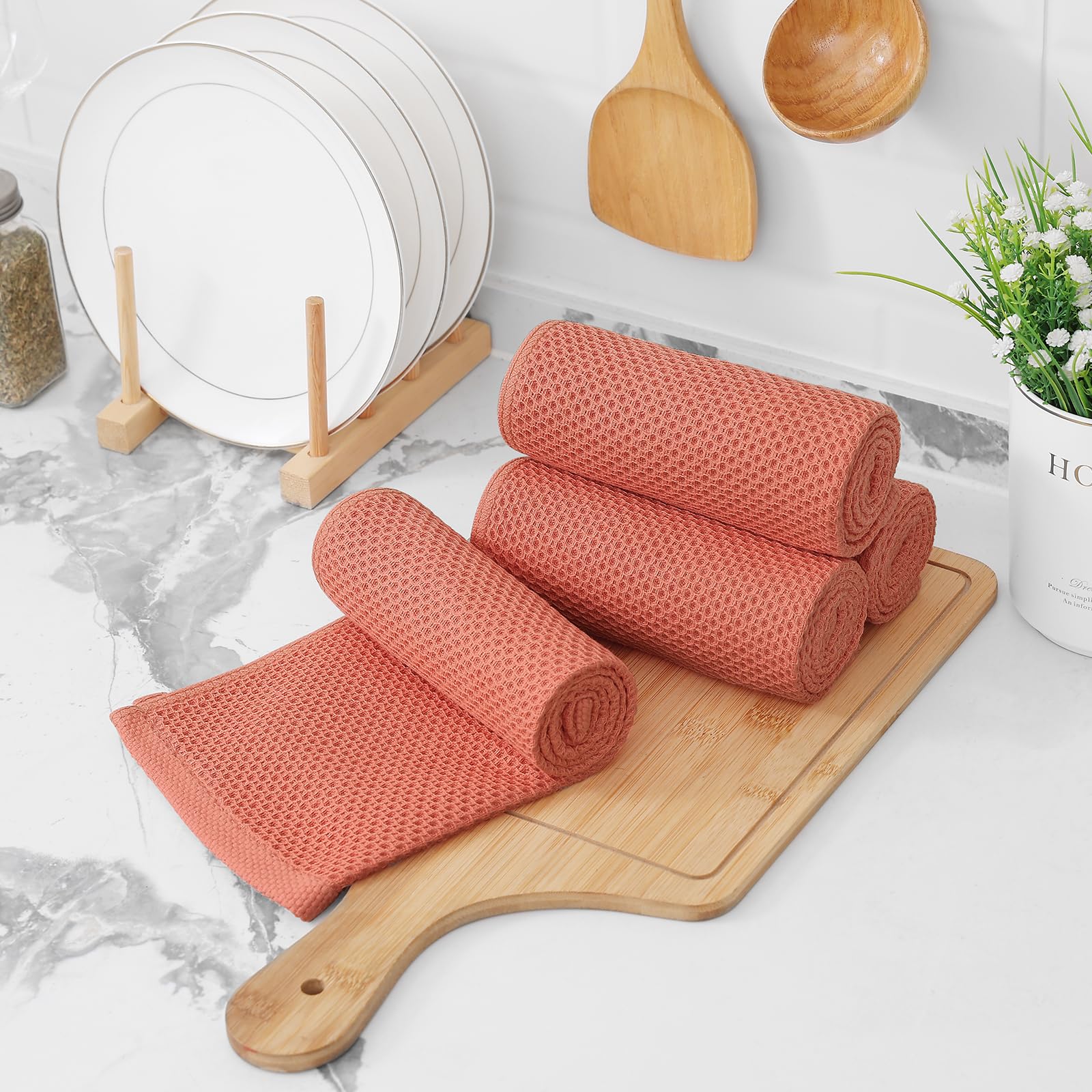 Foto 8 pulgar | Toallas De Cocina Kitinjoy, 100% Algodón, Tejido Gofrado, Paquete De 6 Unidades, Color Coral - Venta Internacional.