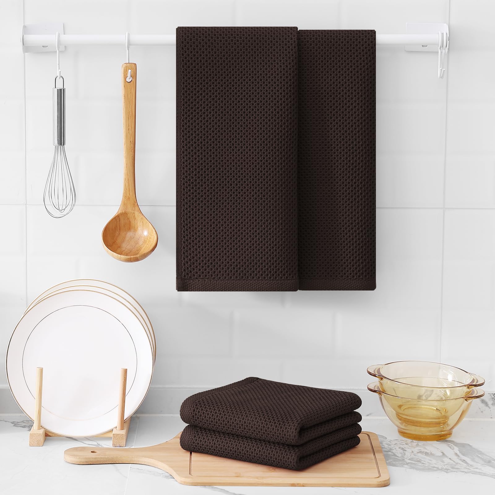 Foto 7 pulgar | Paños De Cocina Kitinjoy Waffle Weave, 100% Algodón, Paquete De 4, Color Marrón - Venta Internacional.