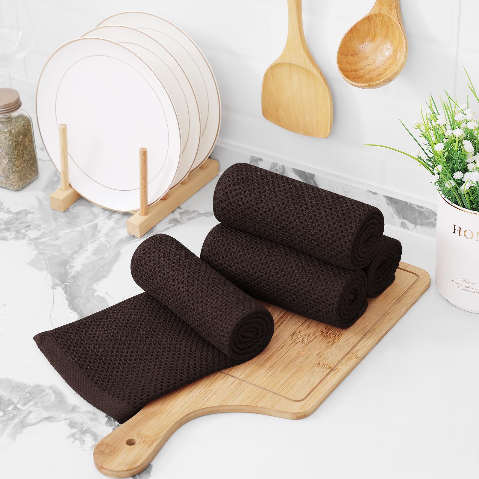 Foto 8 pulgar | Paños De Cocina Kitinjoy Waffle Weave, 100% Algodón, Paquete De 4, Color Marrón - Venta Internacional.