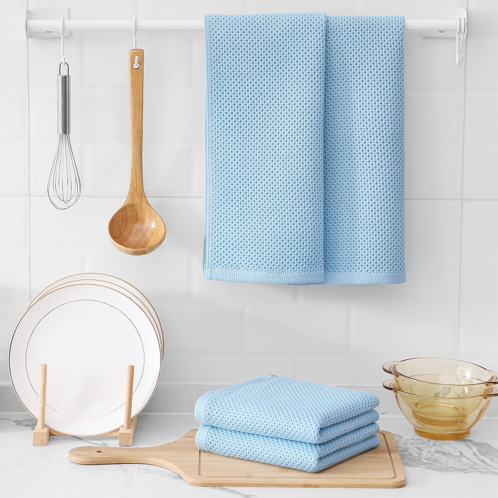 Foto 6 | Toallas De Cocina Kitinjoy Waffle Weave, 100% Algodón, Paquete De 6 Unidades, Color Azul Cielo - Venta Internacional.