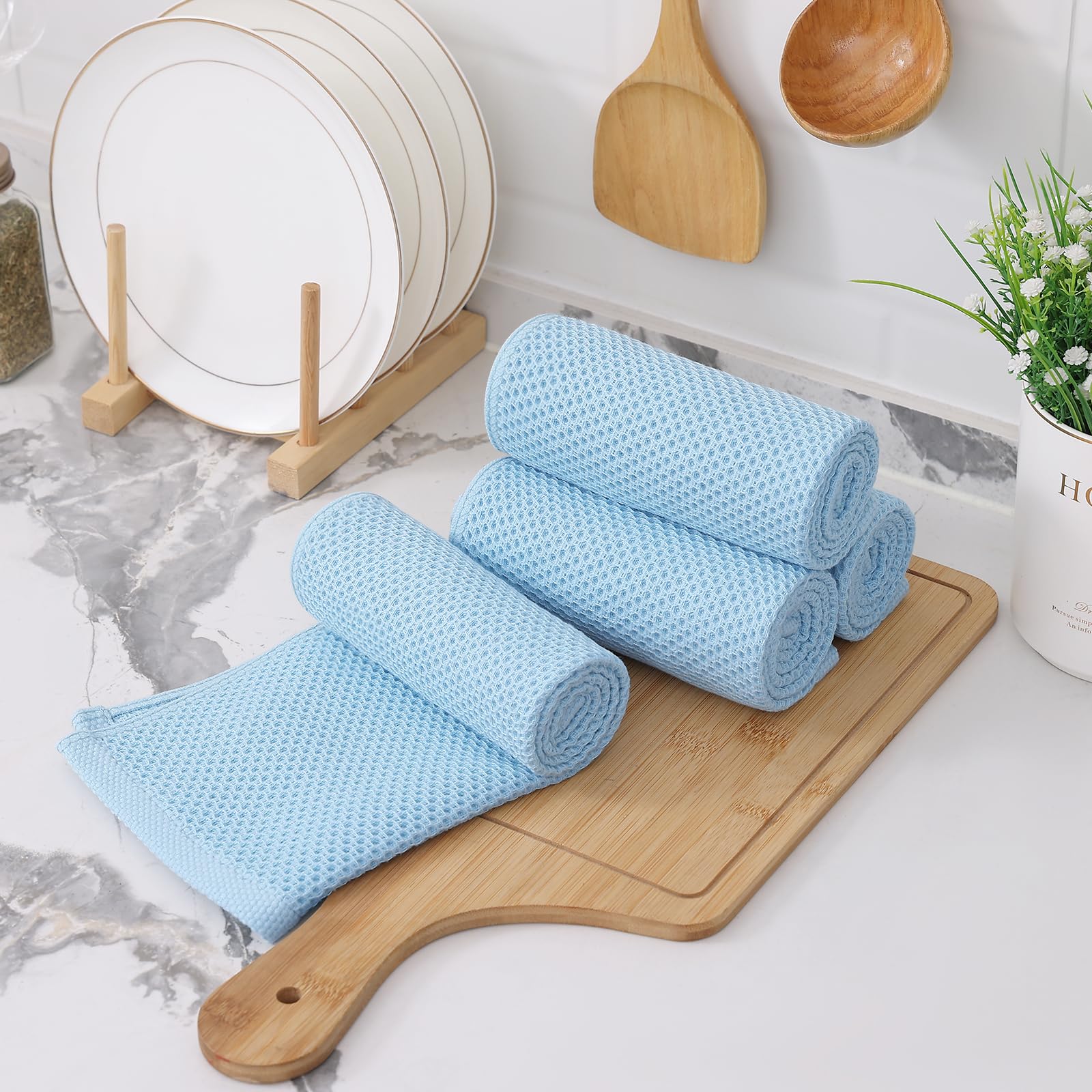 Foto 8 pulgar | Toallas De Cocina Kitinjoy Waffle Weave, 100% Algodón, Paquete De 6 Unidades, Color Azul Cielo - Venta Internacional.