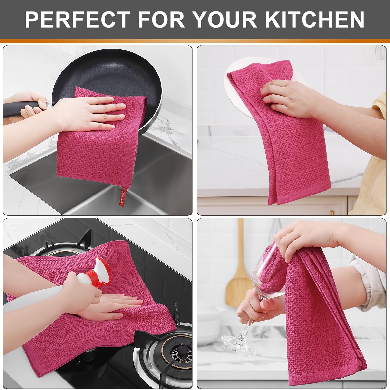 Foto 5 pulgar | Toallas De Cocina Kitinjoy Waffle Weave, 100% Algodón, Paquete De 6 Unidades, Color Rosa Intenso - Venta Internacional.