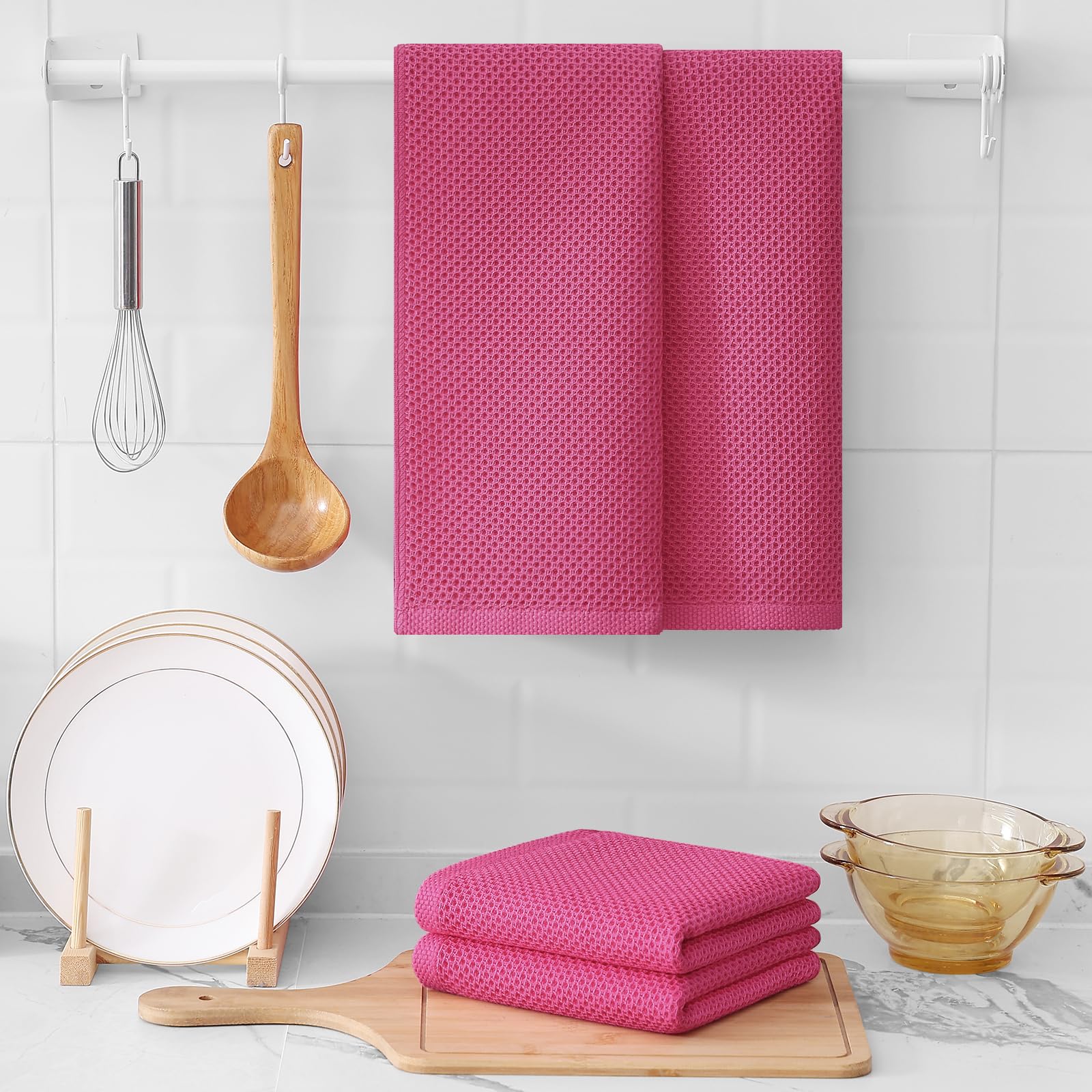 Foto 7 pulgar | Toallas De Cocina Kitinjoy Waffle Weave, 100% Algodón, Paquete De 6 Unidades, Color Rosa Intenso - Venta Internacional.