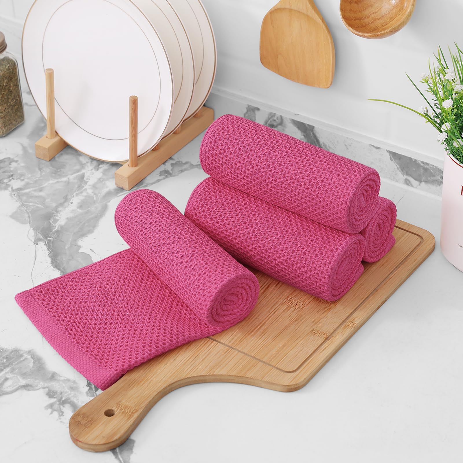 Foto 8 pulgar | Toallas De Cocina Kitinjoy Waffle Weave, 100% Algodón, Paquete De 6 Unidades, Color Rosa Intenso - Venta Internacional.