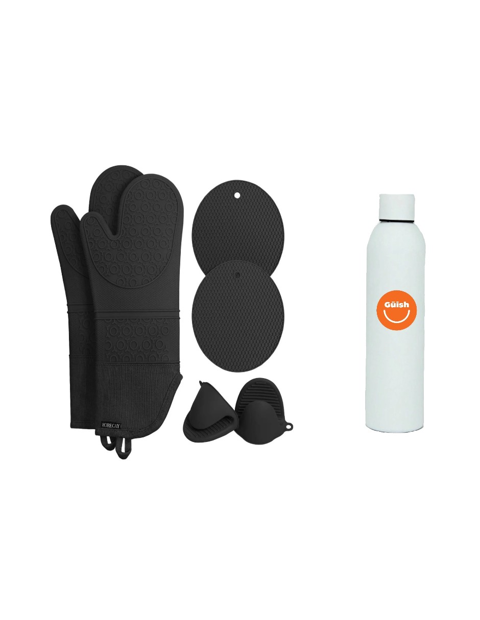 6 Piezas Guantes De Silicon Cocina Negro + Termo Güish Gratis 6 Piezas Guantes De Silicón Cocina Negro + Termo Güi