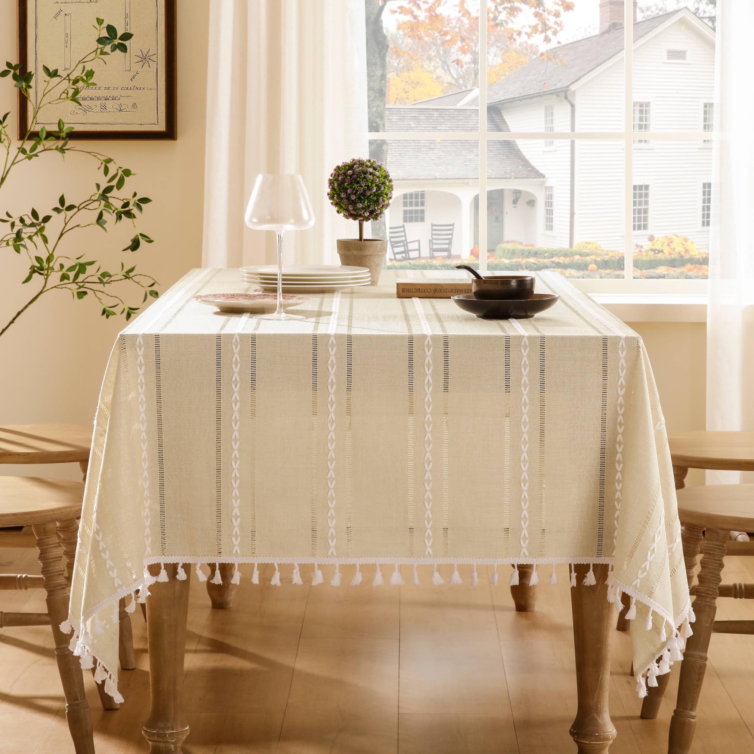 Foto 2 pulgar | Mantel ZeeMart Bordado con Dobladillo a Rayas Beige 153 x 265 cm - Venta Internacional