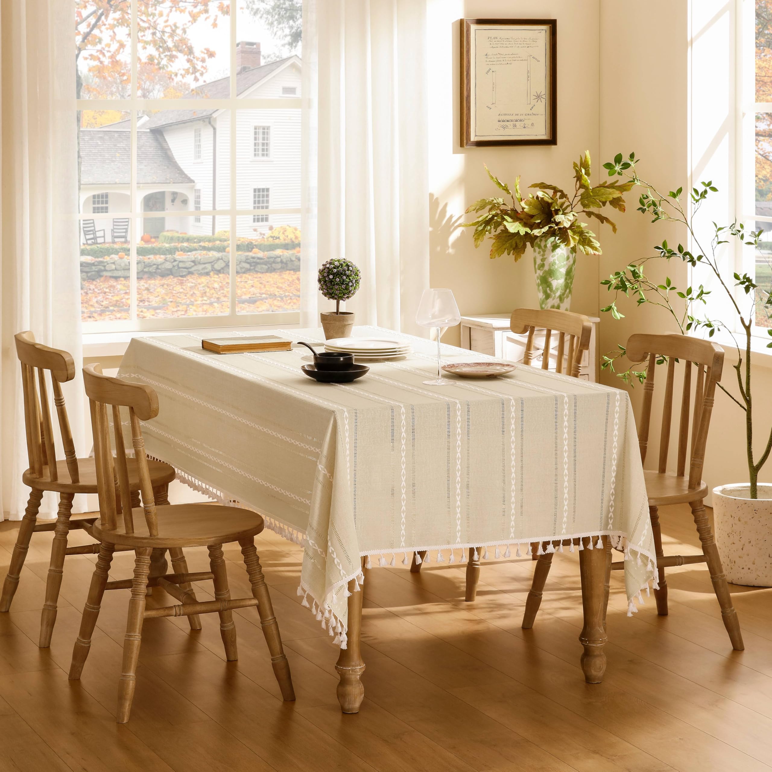 Foto 3 pulgar | Mantel ZeeMart Bordado con Dobladillo a Rayas Beige 153 x 265 cm - Venta Internacional