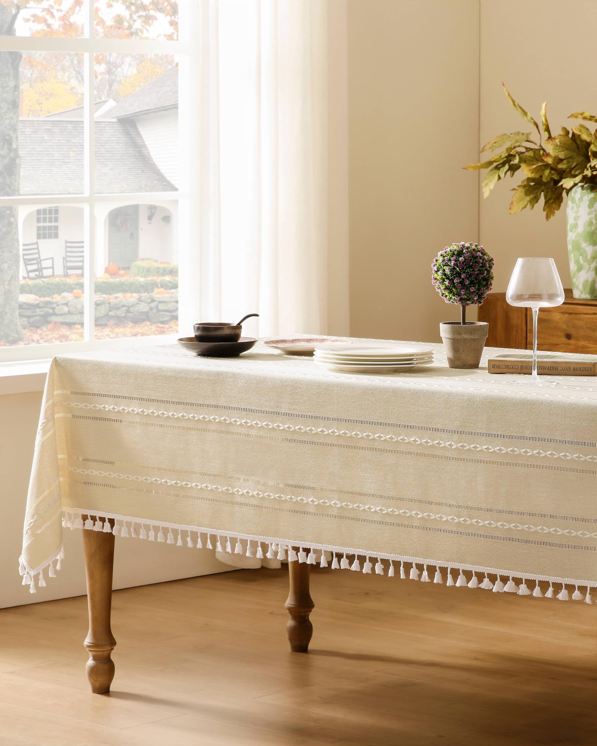 Foto 4 pulgar | Mantel ZeeMart Bordado con Dobladillo a Rayas Beige 153 x 265 cm - Venta Internacional