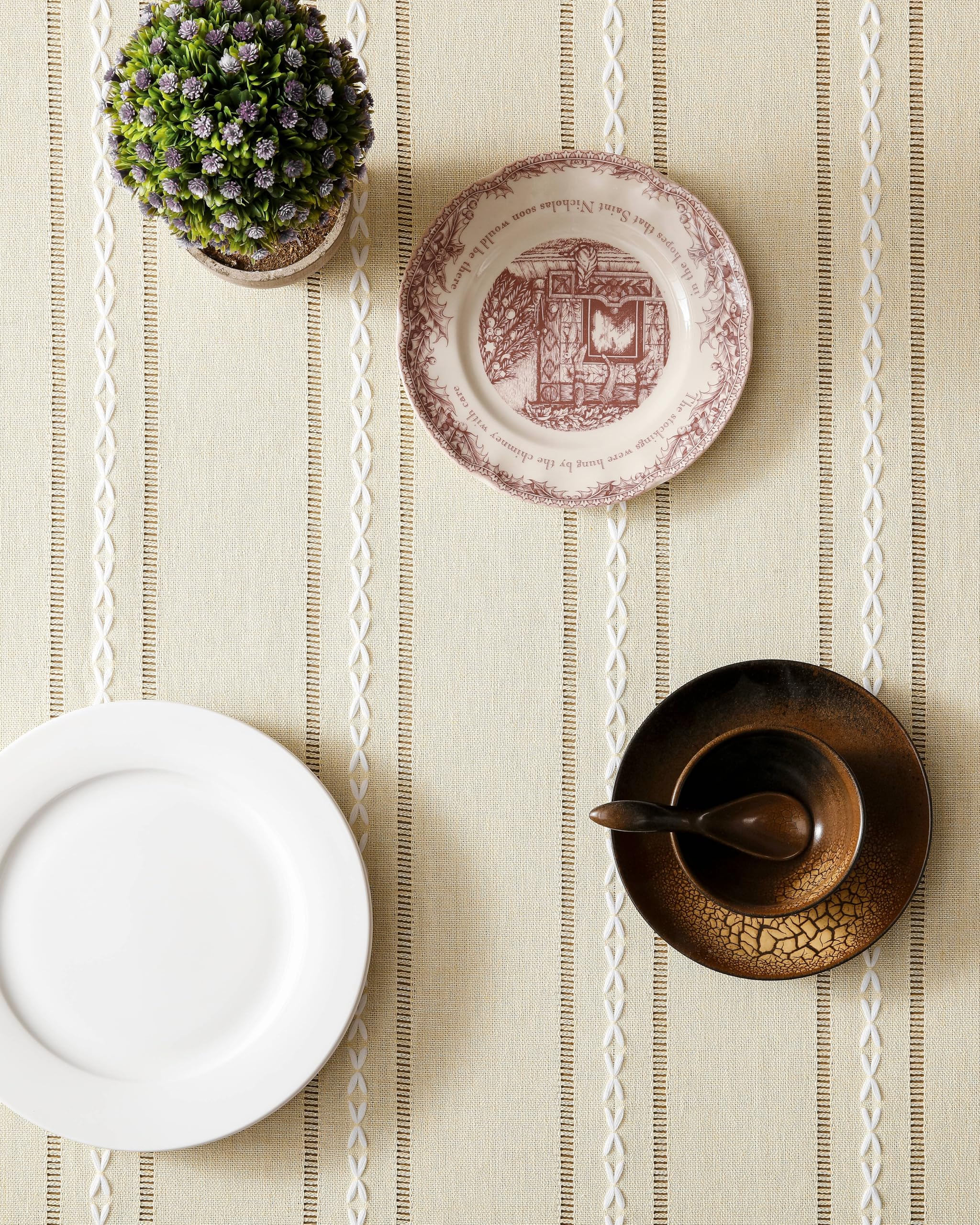 Foto 5 pulgar | Mantel ZeeMart Bordado con Dobladillo a Rayas Beige 153 x 265 cm - Venta Internacional