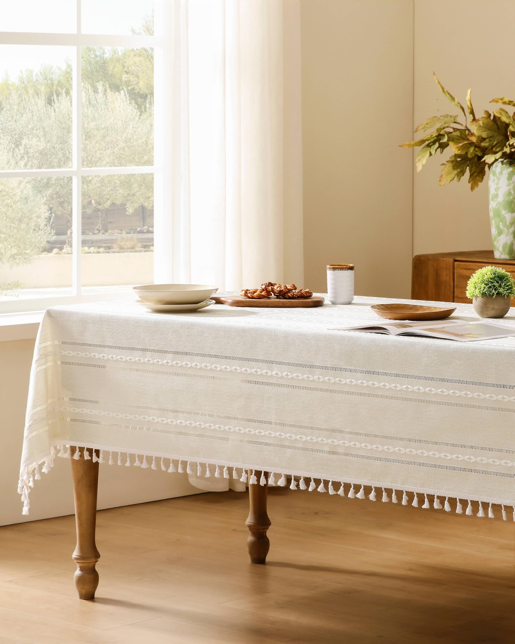 Foto 3 | Mantel ZeeMart Bordado con Dobladillo a Rayas Estilo Bohemio Marfil 138 x 138 cm - Venta Internacional