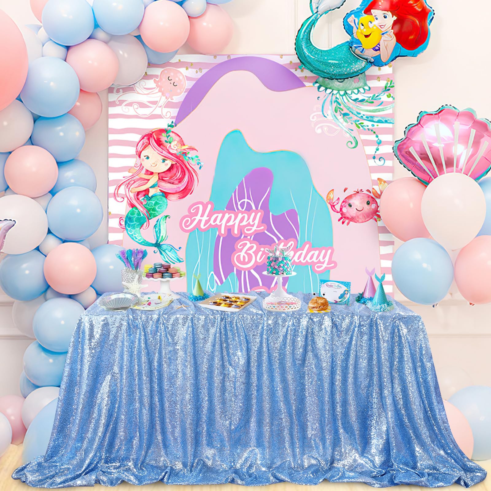 Mantel Queen Dream Shimmer Mermaid, Color Azul Bebé, 90 X 90 Cm - Venta Internacional.