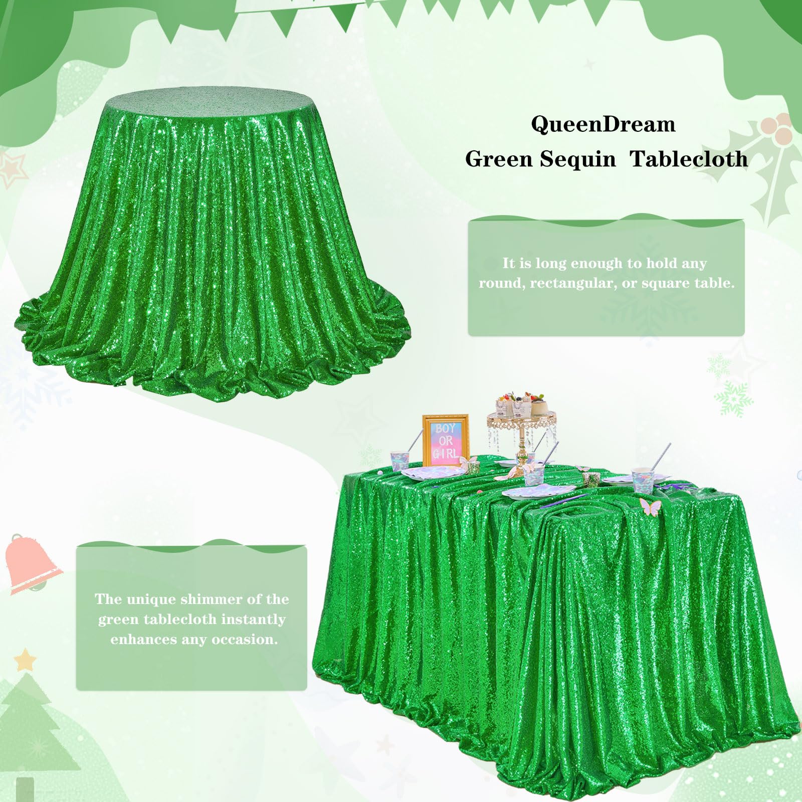 Foto 4 pulgar | Mantel Queen Dream Con Lentejuelas, Color Verde, 229 X 229 Cm, Para Fiesta De Navidad - Venta Internacional.
