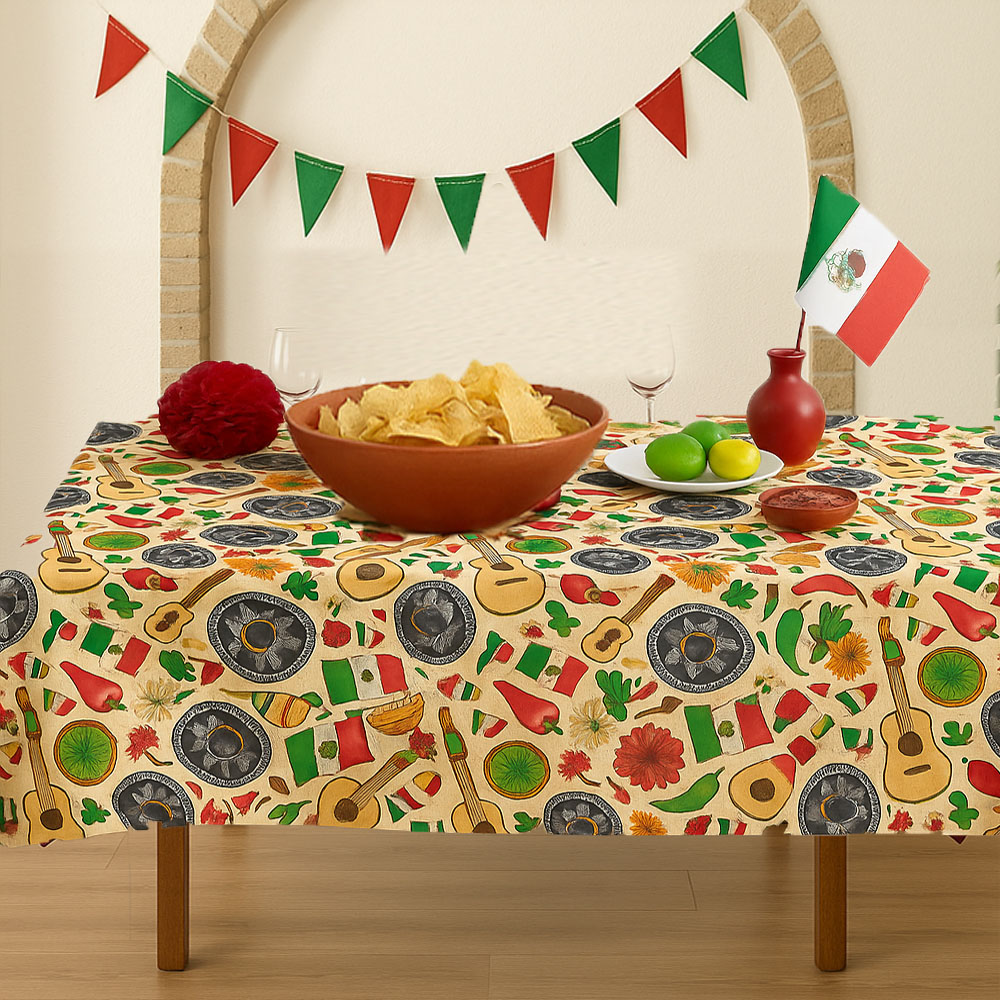 Foto 4 pulgar | Mantel Mexicano Decorativo 145x180 Cm | Diseño Tradicional Con Sombreros  Guitarras Y Banderas - Ideal Para Fiestas