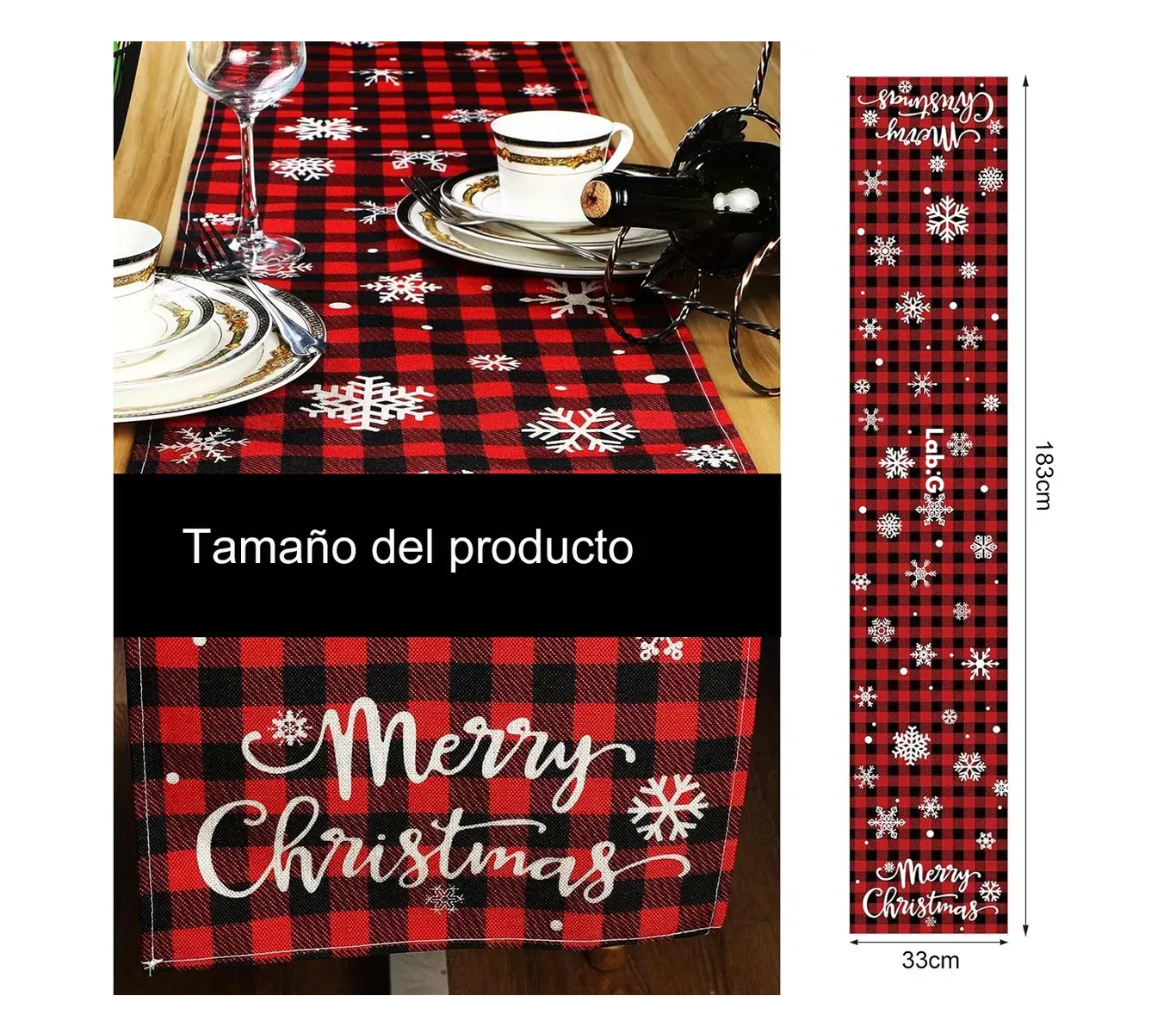 Foto 3 | Set Caminos Mesa Y 6 Manteles Individuales Navideños Adornos Rojos Cuandtos Negros