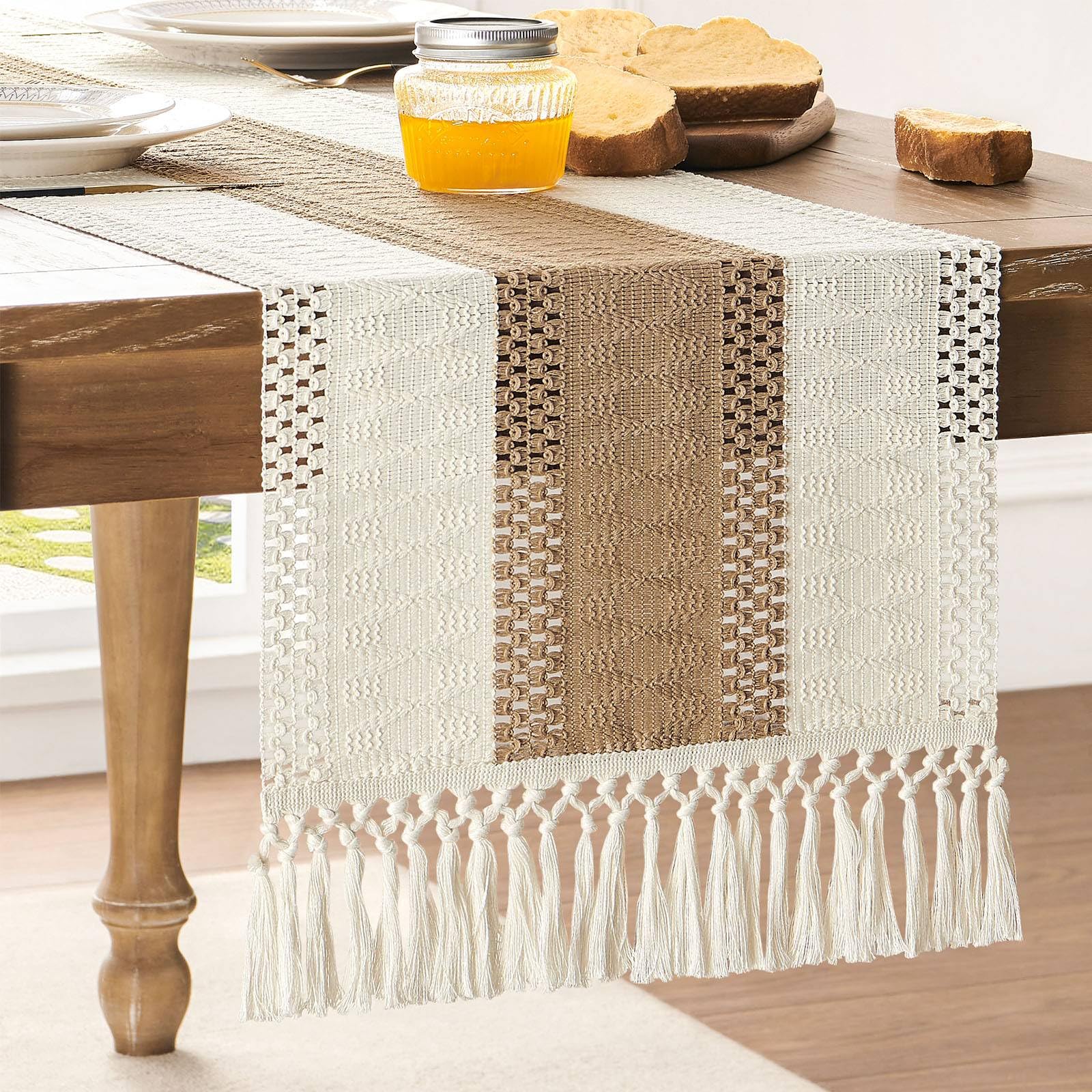 Camino De Mesa Zeemart, Estilo Macramé, Bicolor, 36 X 91 Cm, Marrón/verde - Venta Internacional.